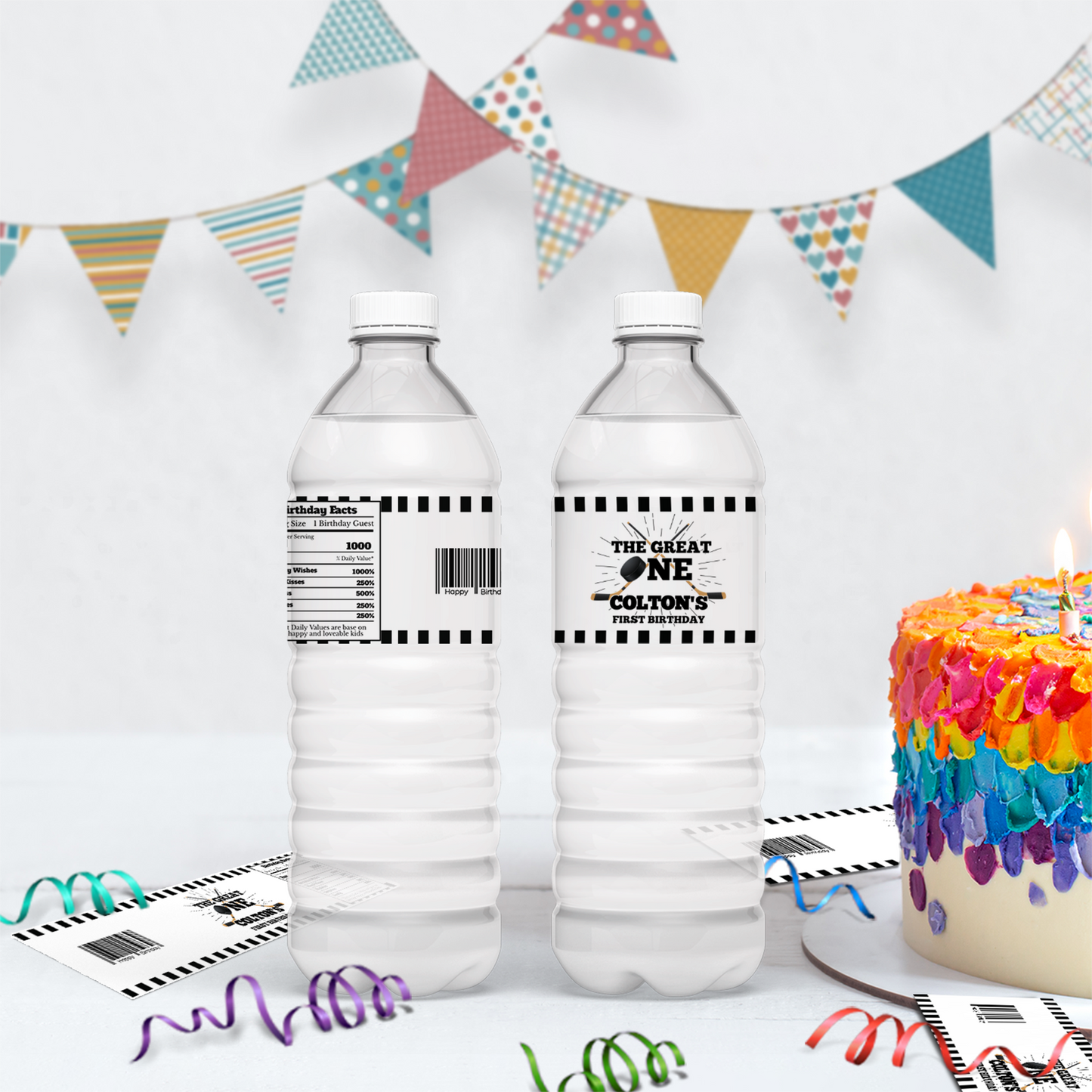 Personalized Hockey 1st Birthday Water Bottle Label for a themed birthday party