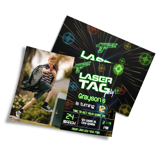 Personalized Photo Card Invitations for a Laser Tag themed party