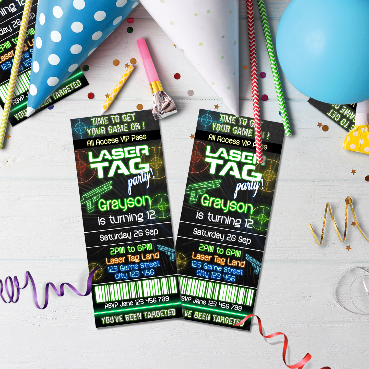 Personalized Birthday Ticket Invitations for a Laser Tag event