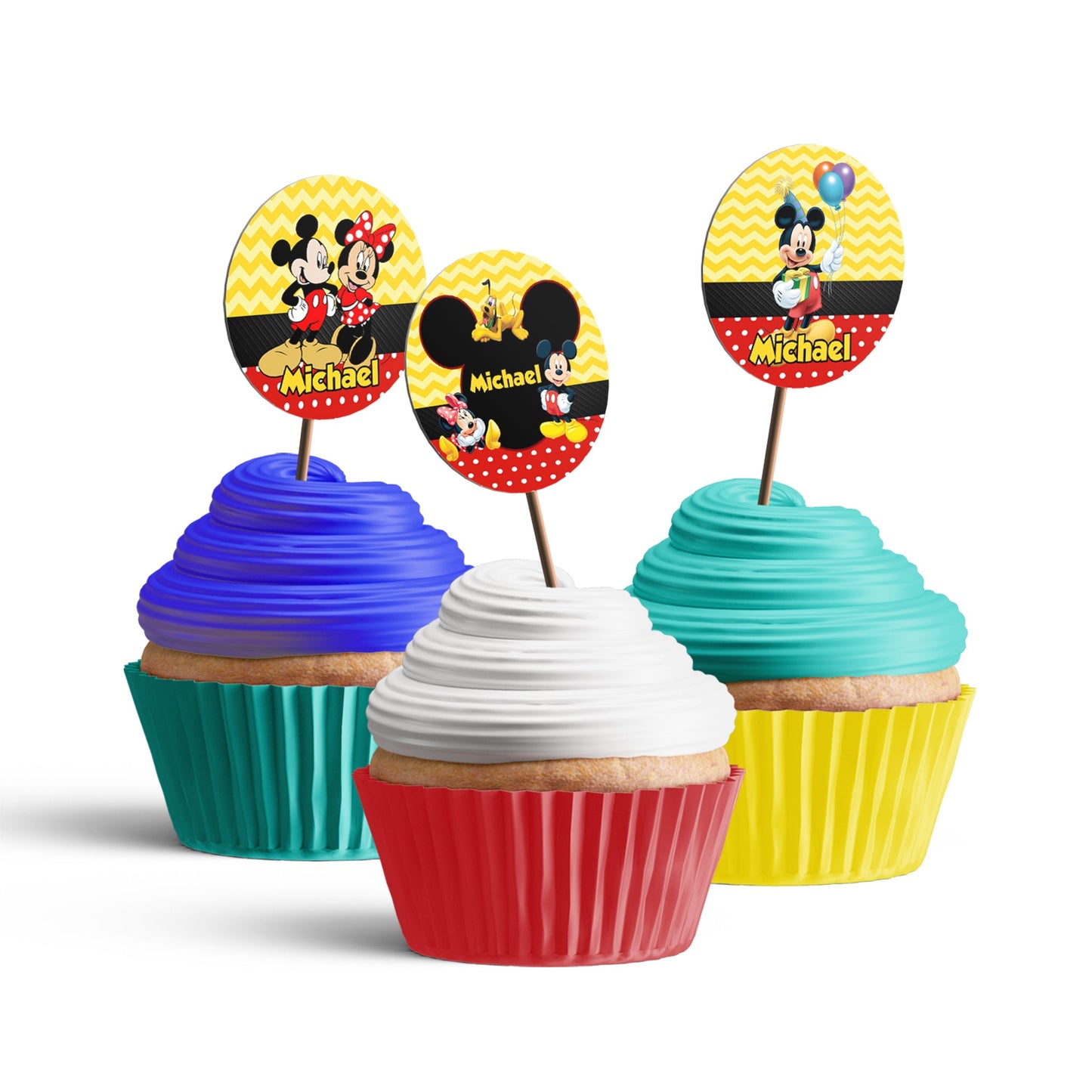 Personalized Cupcakes Toppers adorned with Mickey & Minnie Mouse