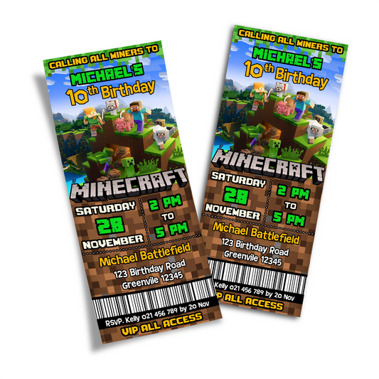 Minecraft Personalized Birthday Ticket Invitations, your ticket to a fantastic party