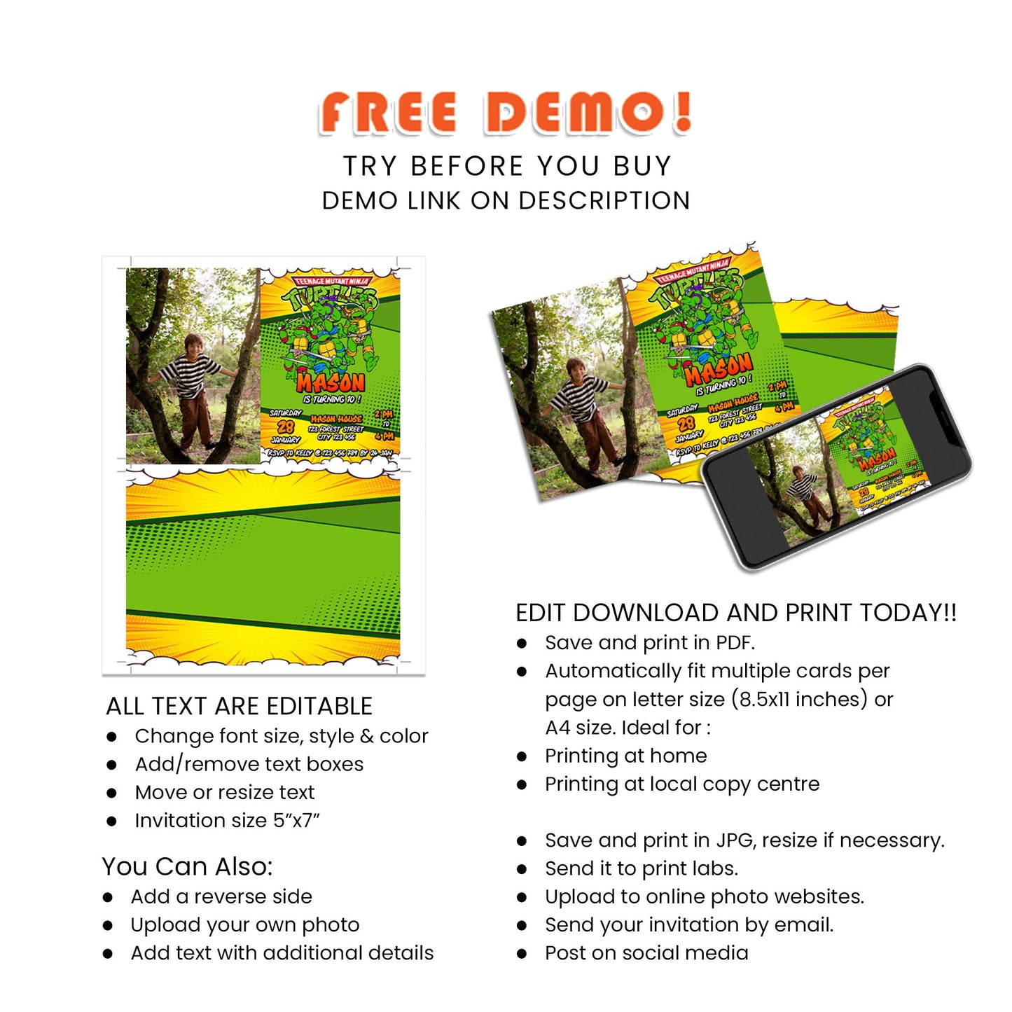 Personalized Photo Card Invitations with Teenage Mutant Ninja Turtles Theme for an Unforgettable Birthday