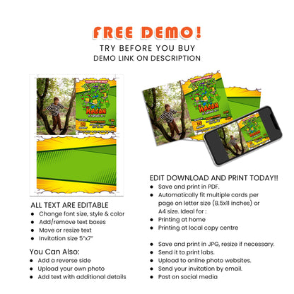 Personalized Photo Card Invitations with Teenage Mutant Ninja Turtles Theme for an Unforgettable Birthday