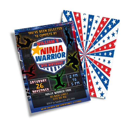 Ninja Warrior themed personalized birthday card invitations
