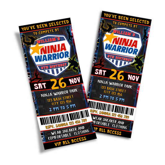 Ninja Warrior themed personalized birthday ticket invitations