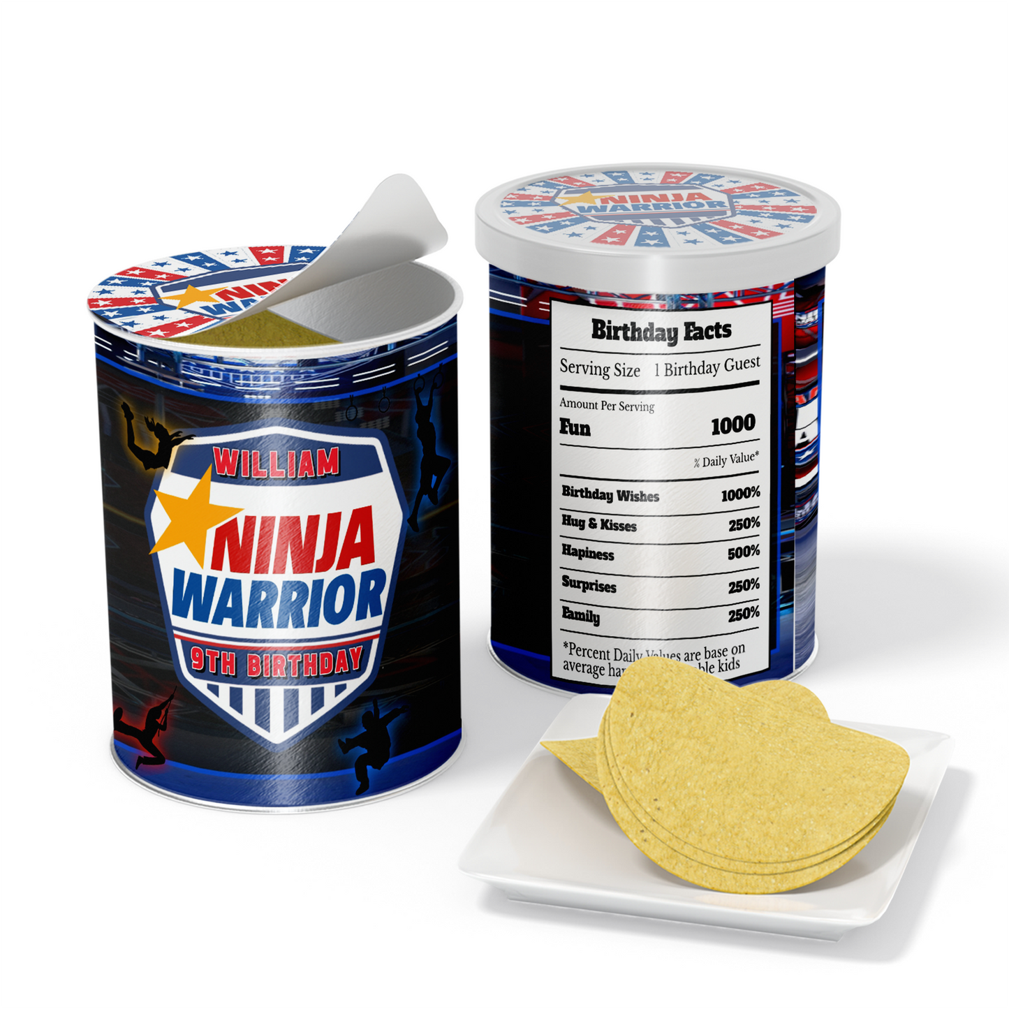 Label for small 1.37oz Pringles can with Ninja Warrior theme