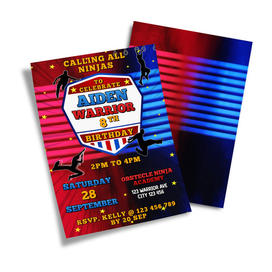 Ninja Warrior themed personalized birthday card invitations