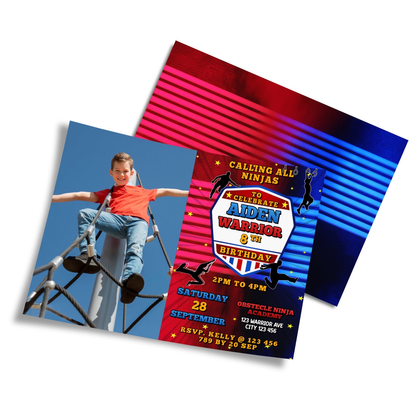 Ninja Warrior themed personalized photo card invitations