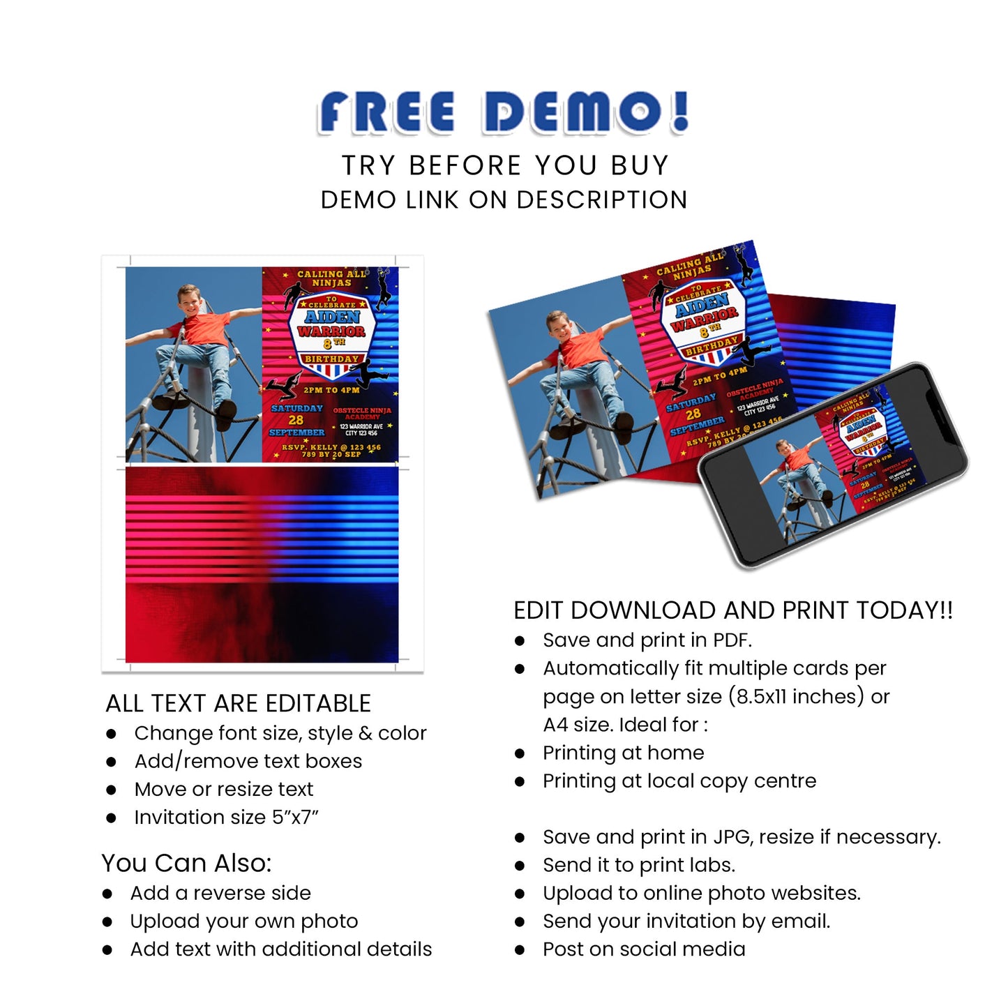 Ninja Warrior - Unique and Memorable, Capture the Moment with Our Personalized Photo Card Invitations