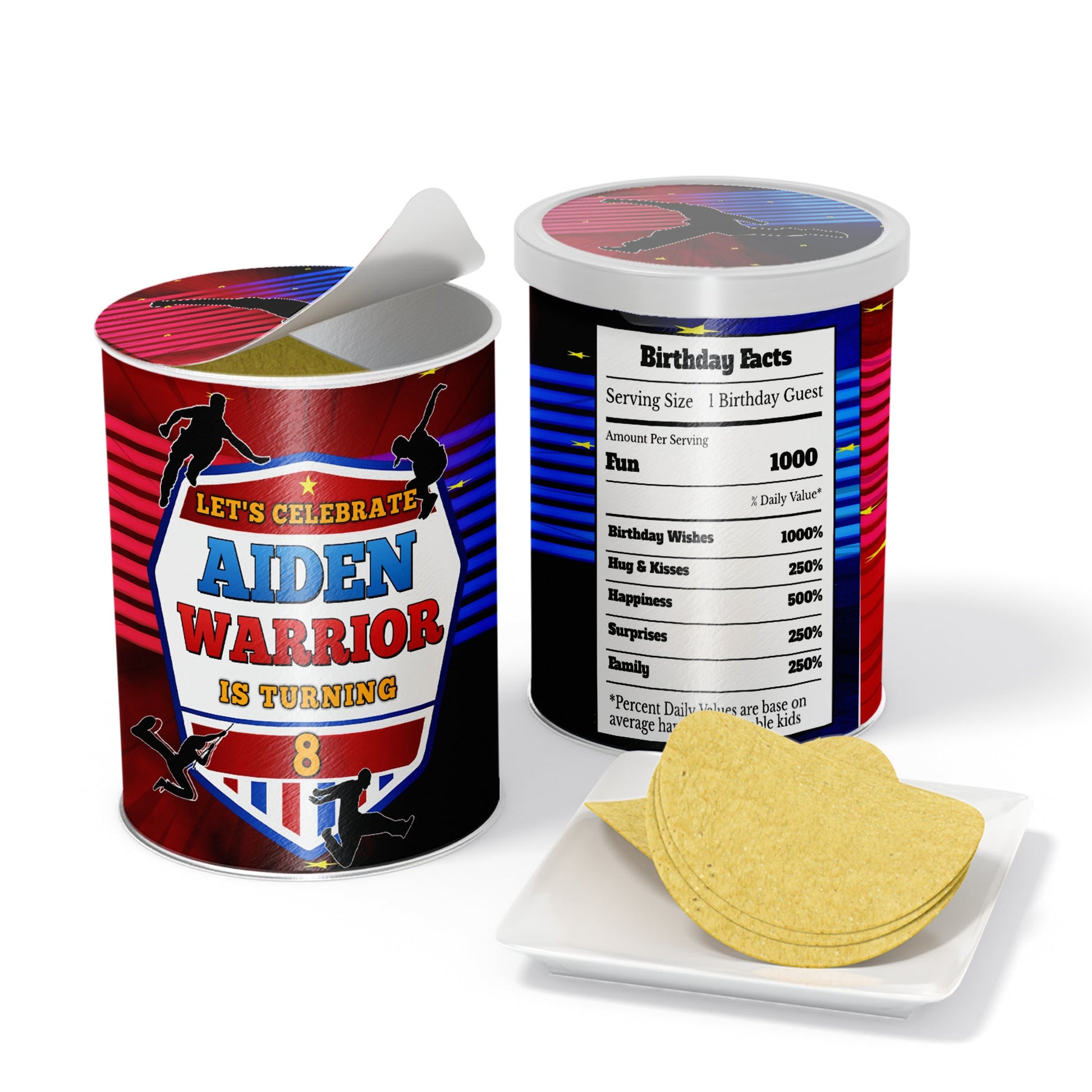 Label for small 1.37oz Pringles can with Ninja Warrior theme