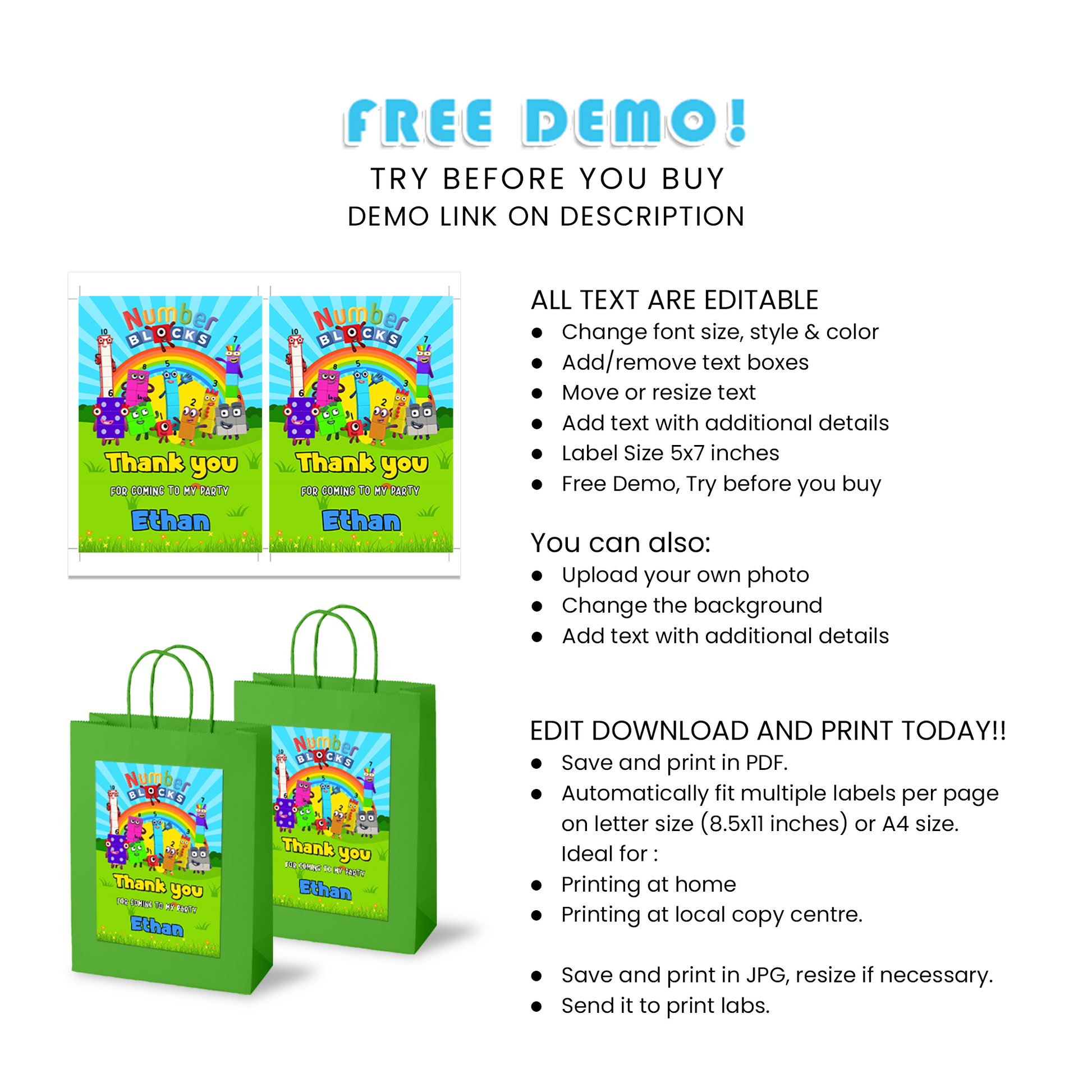 Gift Bag Labels - NumberBlocks Personalized for Your Child’s Event ...