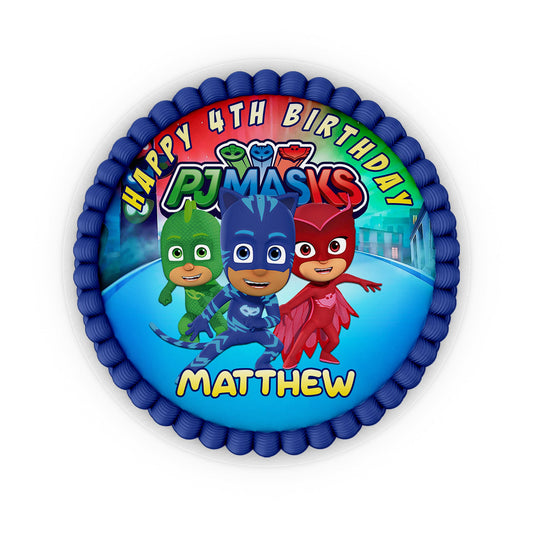 Round Personalized PJ Masks Cake Images for Themed Celebrations