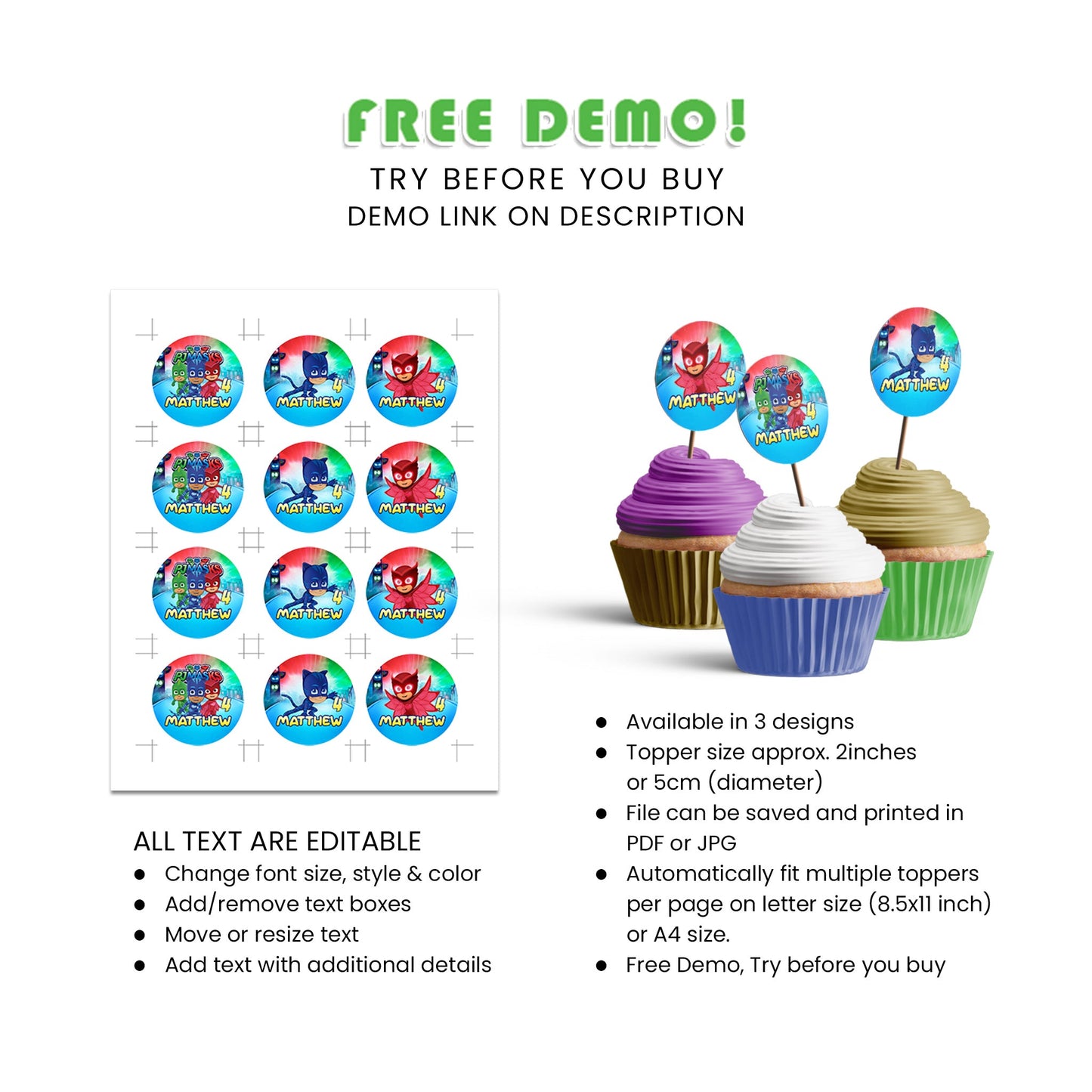 Delight Your Guests with PJ Masks Personalized Cupcakes Toppers - A Sweet Addition to Any Party