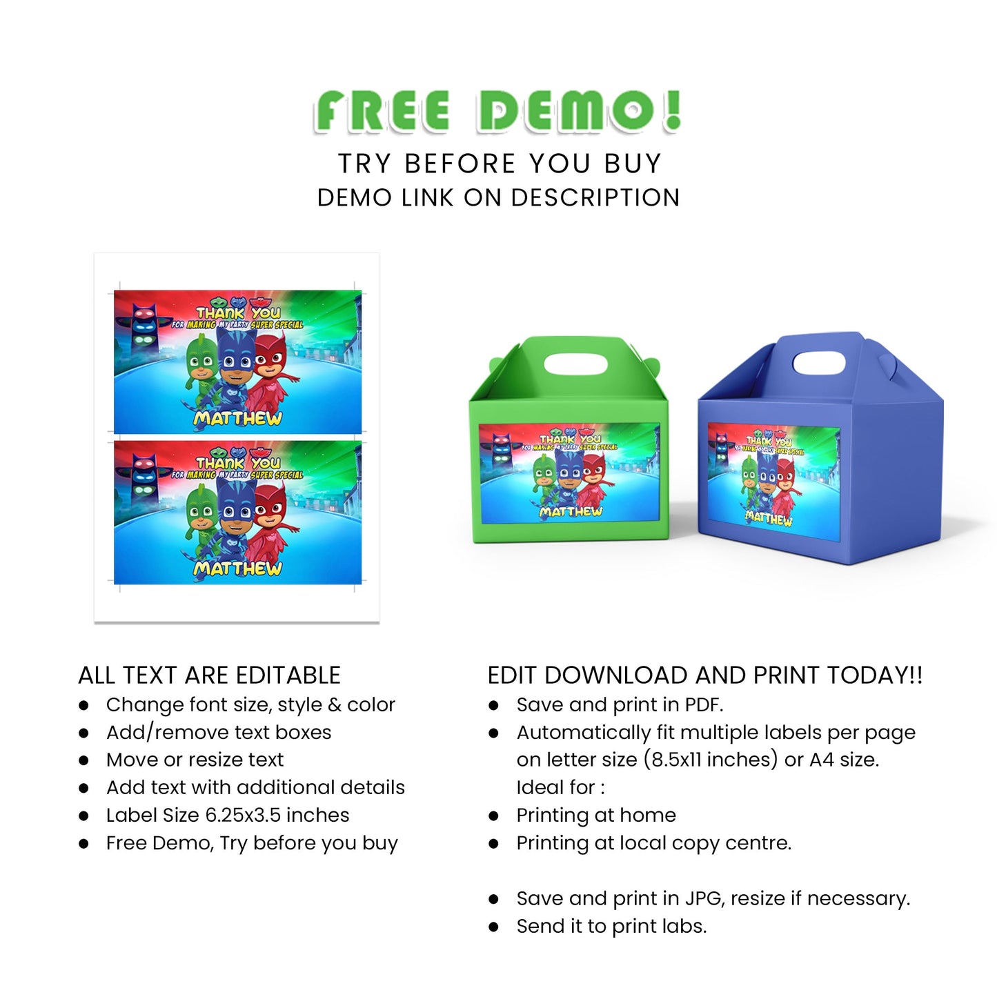 Make Your Treats Stand Out with PJ Masks Treat Box Label - Perfect for Party Favors