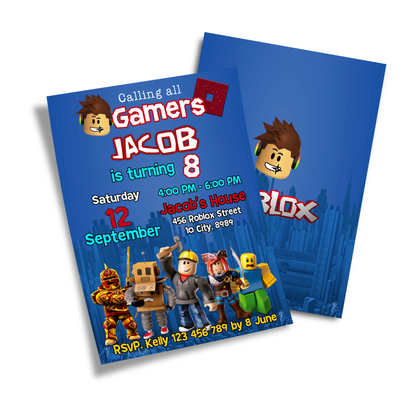 Roblox themed personalized birthday card invitations