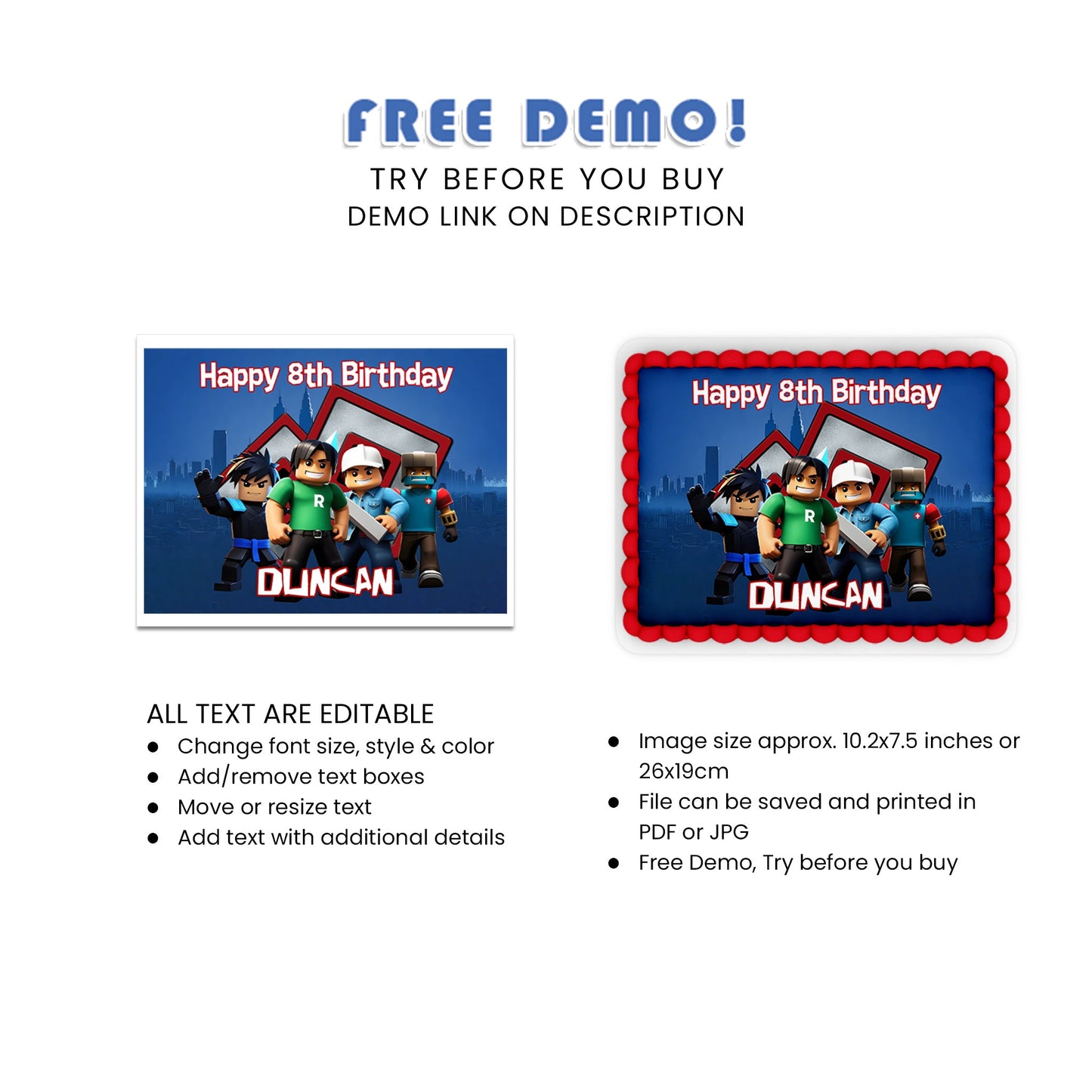 Rectangle Roblox Personalized Cake Images - Ideal for Larger Cakes and Celebrations