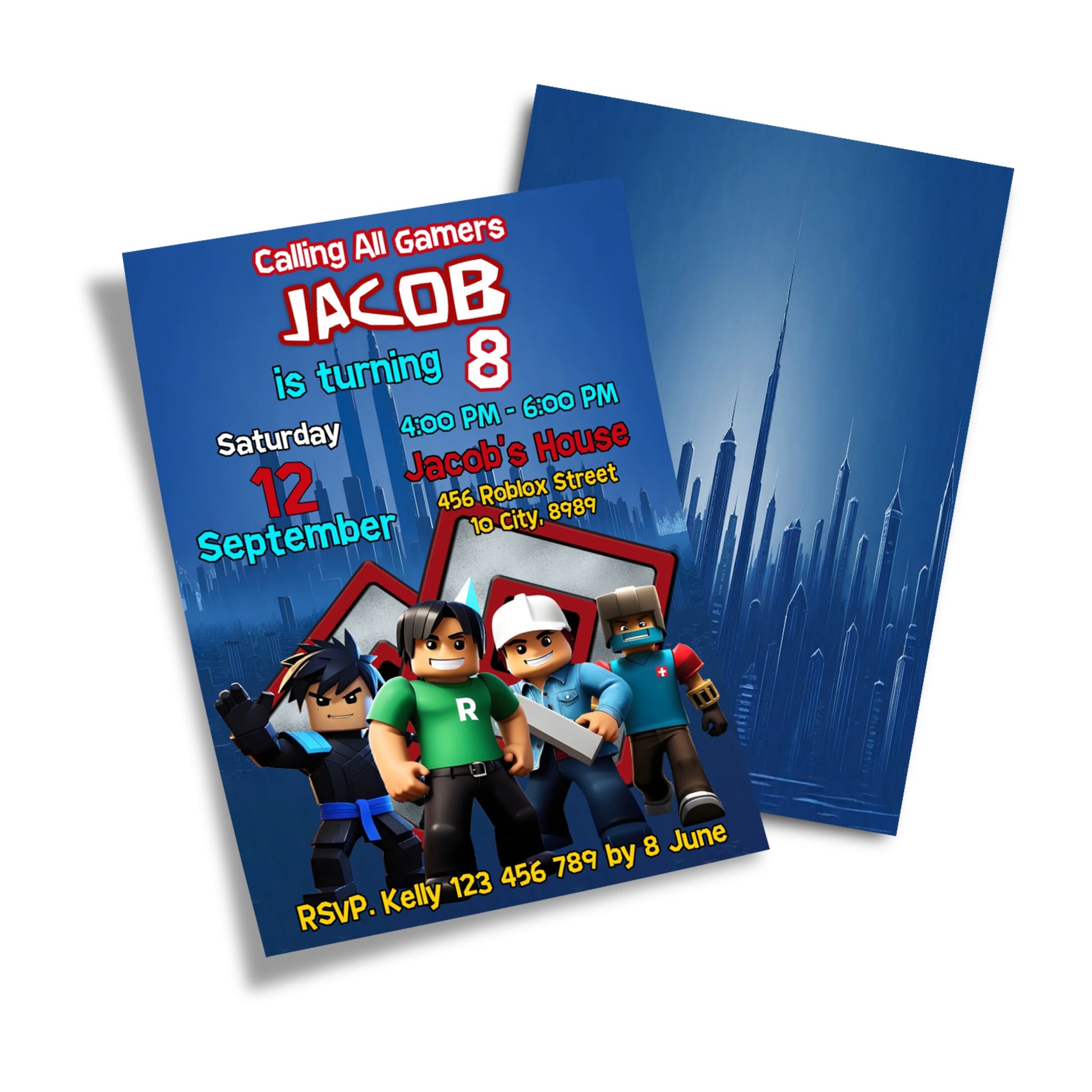 Roblox themed personalized birthday card invitations