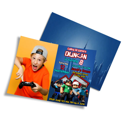 Roblox themed personalized photo card invitations