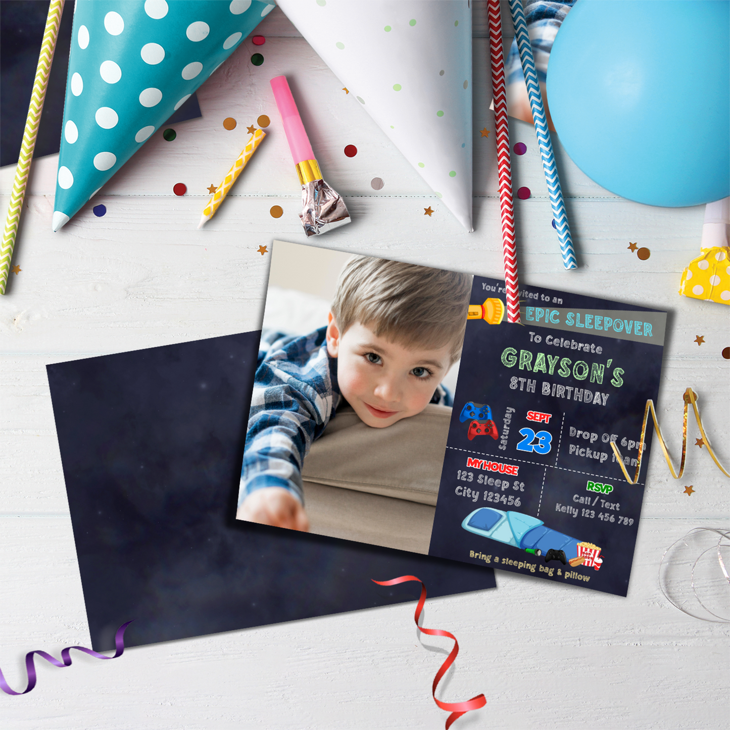 Personalized Photo Card Invitations for a Sleepover Party