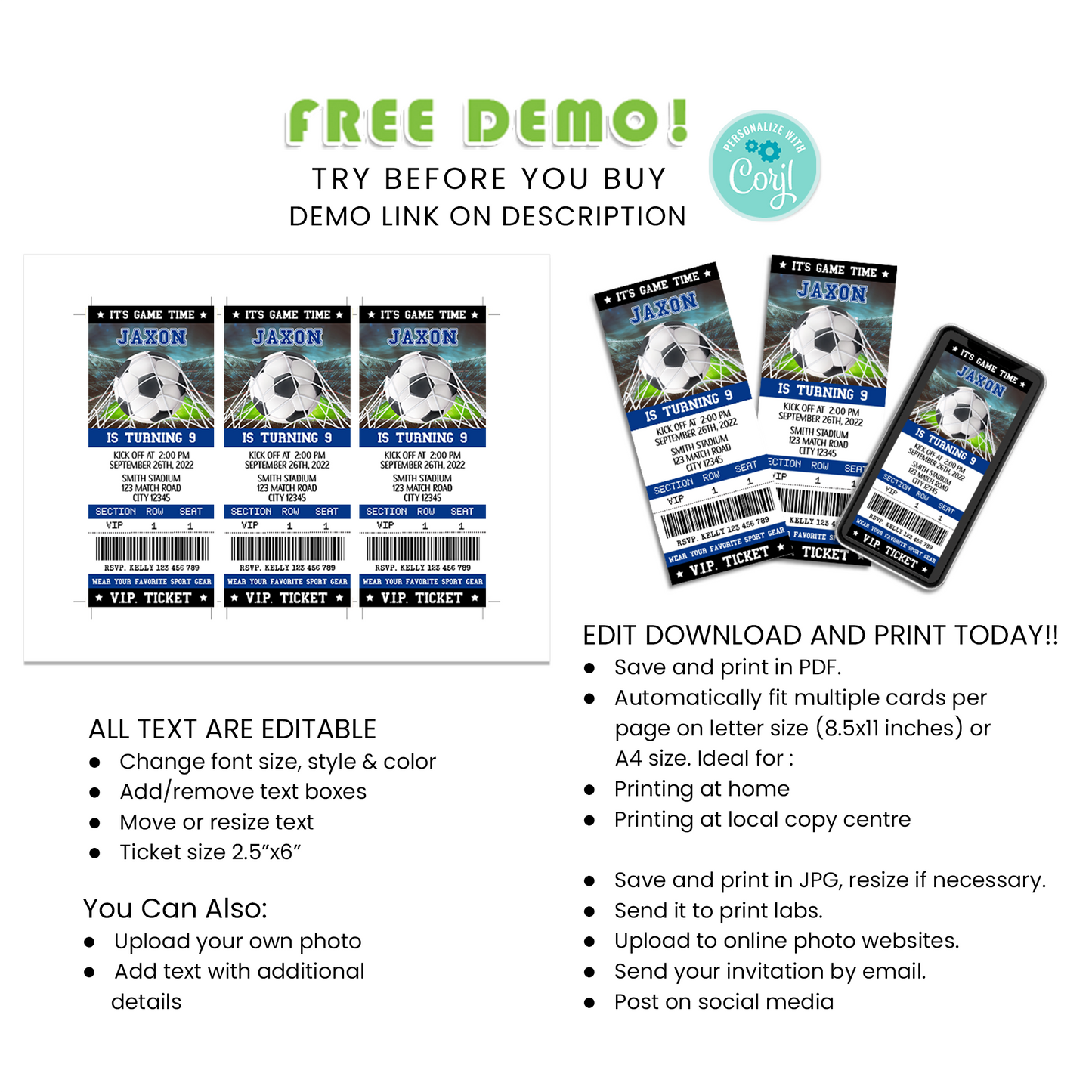 Score a Goal with Your Guests with Our Soccer Personalized Birthday Ticket Invitations - Your Golden Ticket to a Fun-Filled Soccer Party!