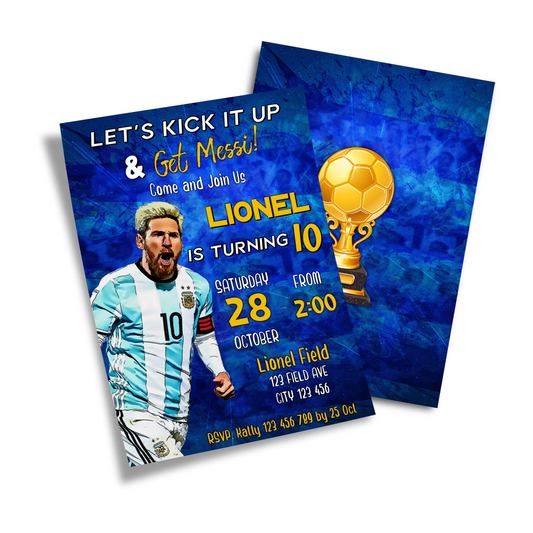 Personalized birthday card invitations featuring Lionel Messi