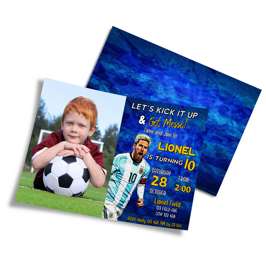 Personalized photo card invitations with Lionel Messi theme