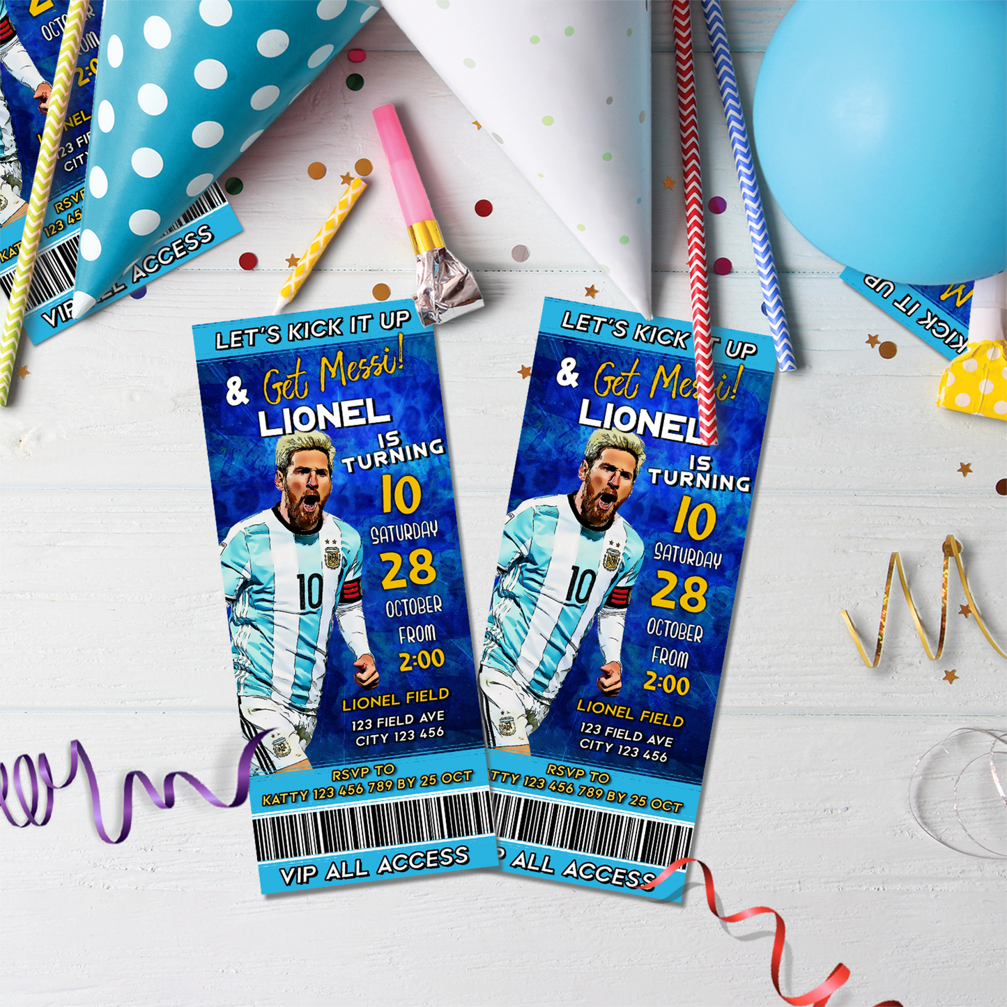 Personalized birthday ticket invitations featuring Lionel Messi