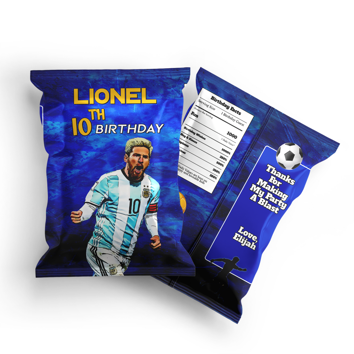 Chips bag label with Lionel Messi theme