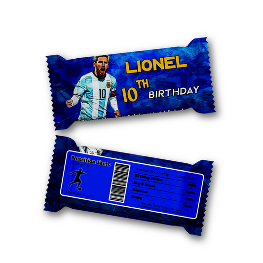 Rice Krispies treats label and candy bar label with Lionel Messi design