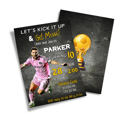 Personalized birthday card invitations featuring Lionel Messi