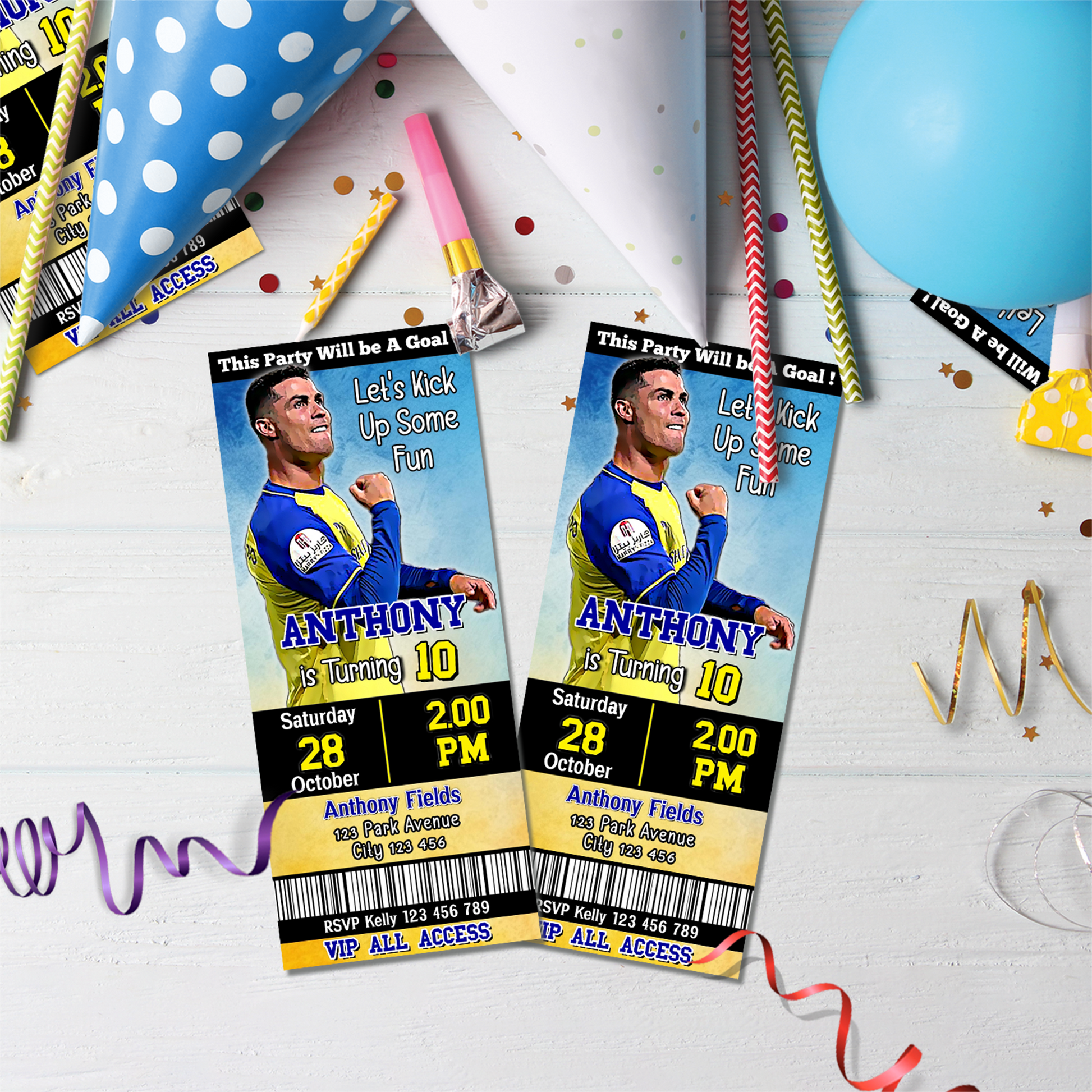 Personalized birthday ticket invitations featuring Cristiano Ronaldo