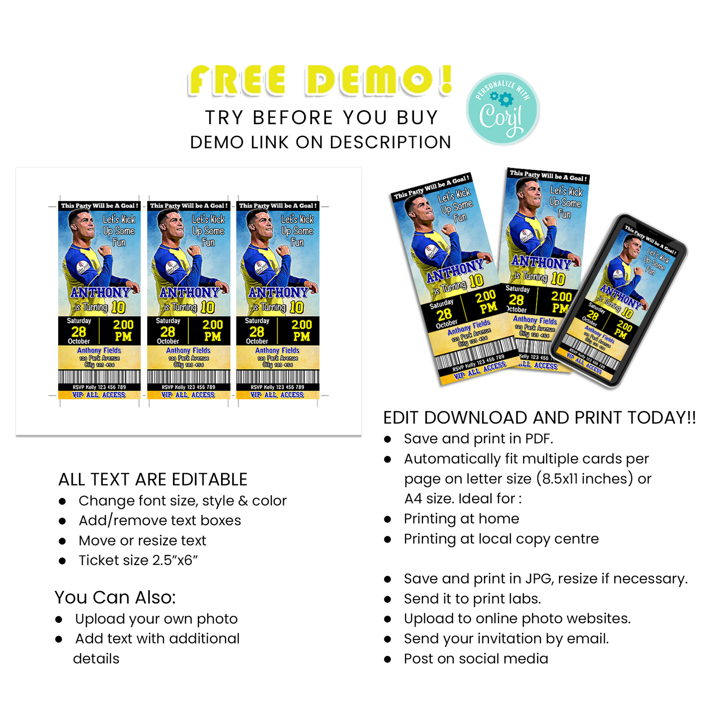 Cristiano Ronaldo Personalized Birthday Ticket Invitations - Make Your Event Unforgettable