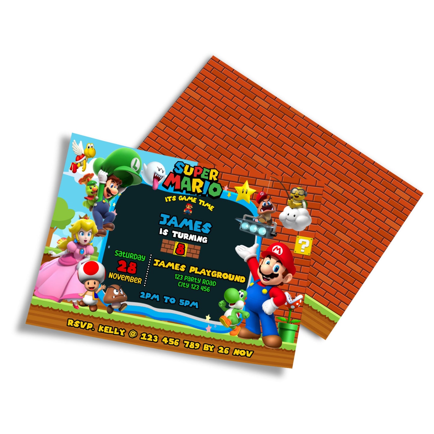 Super Mario themed personalized birthday card invitations