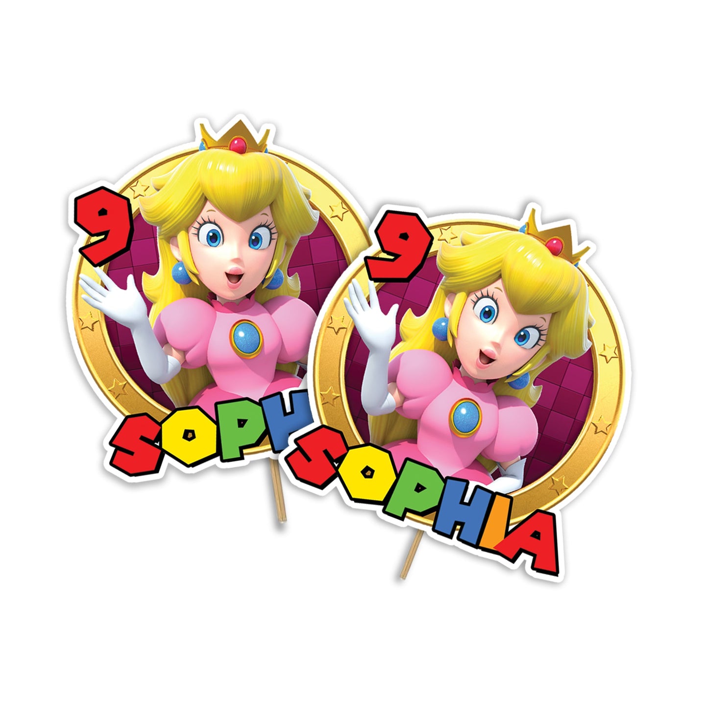 Super Mario Princess Peach themed personalized cake toppers