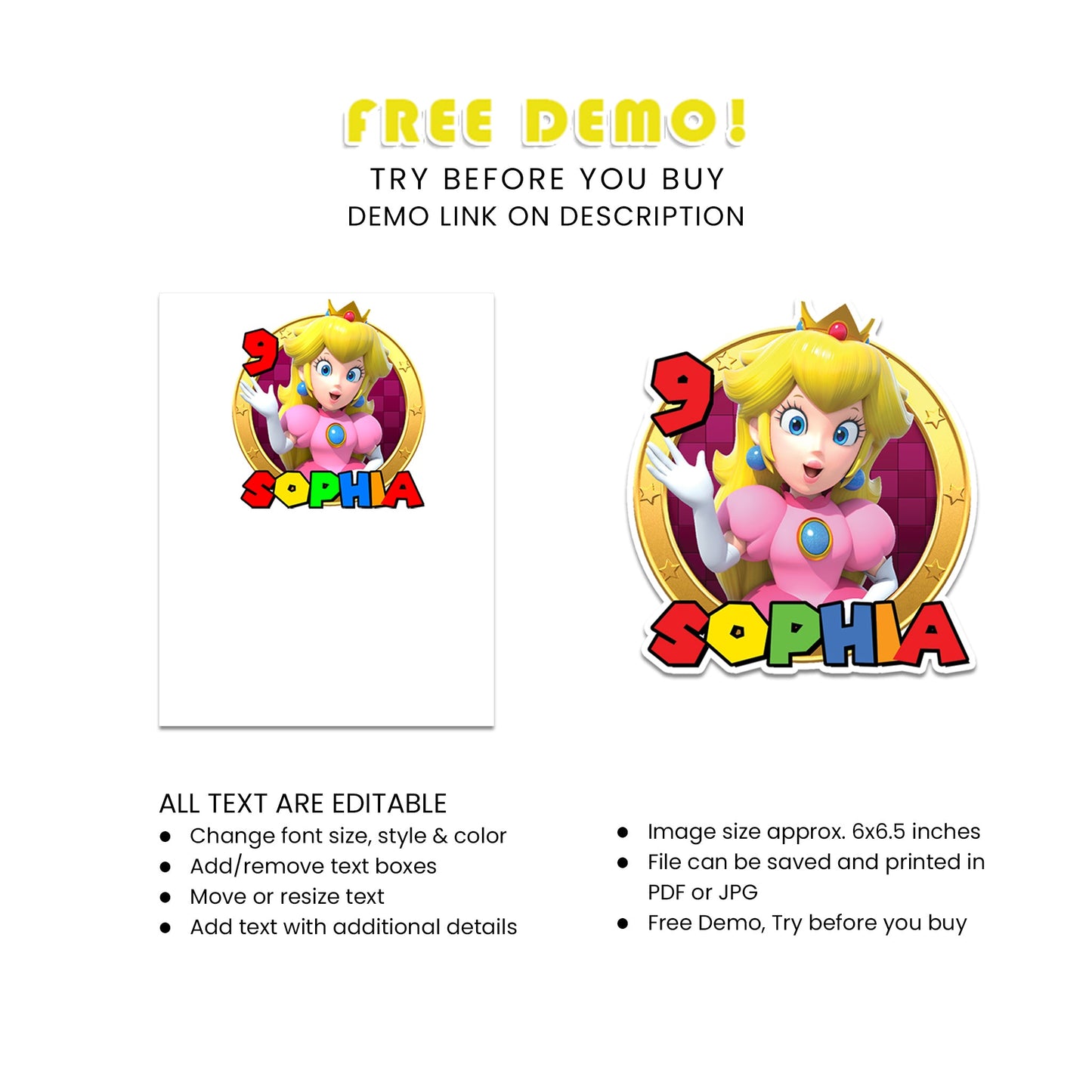 Super Mario Princess Peach Themed Personalized Cake Toppers for Birthday Parties - Make Your Cake Stand Out