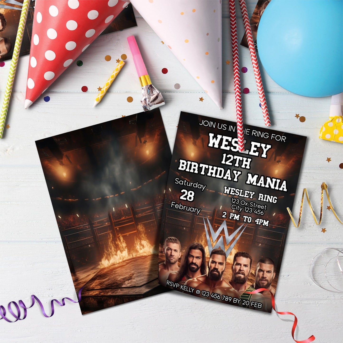 WWE WrestleMania Birthday Decorations, WWE Party Supplies, Royal Rumble Themed, Pro Wrestling Digital Template, Editable WWE WrestleMania Image SVG PNG