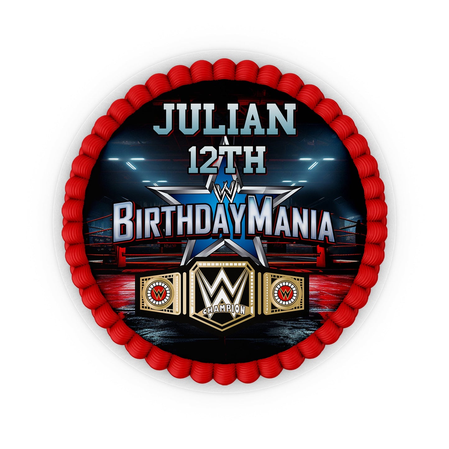 Round WWE Birthday Mania personalized cake images