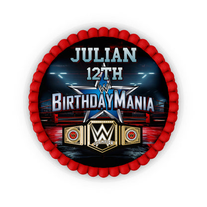 Round WWE Birthday Mania personalized cake images