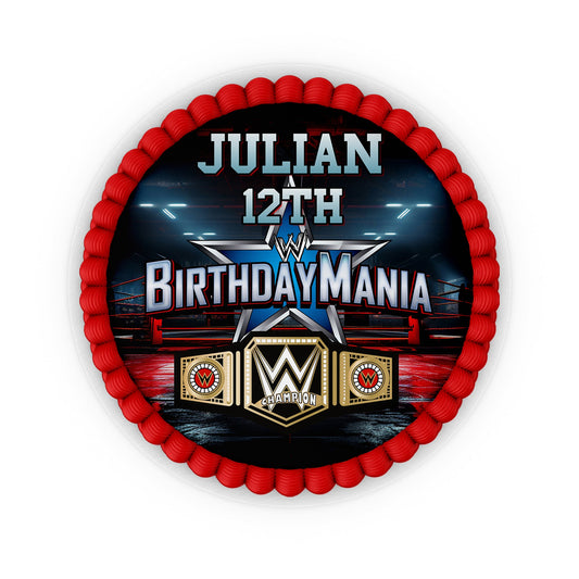 Round WWE Birthday Mania personalized cake images