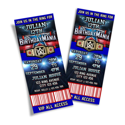 WWE Birthday Mania themed personalized birthday ticket invitations