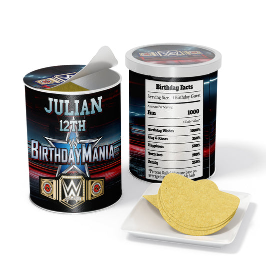 WWE Birthday Mania themed small Pringles label