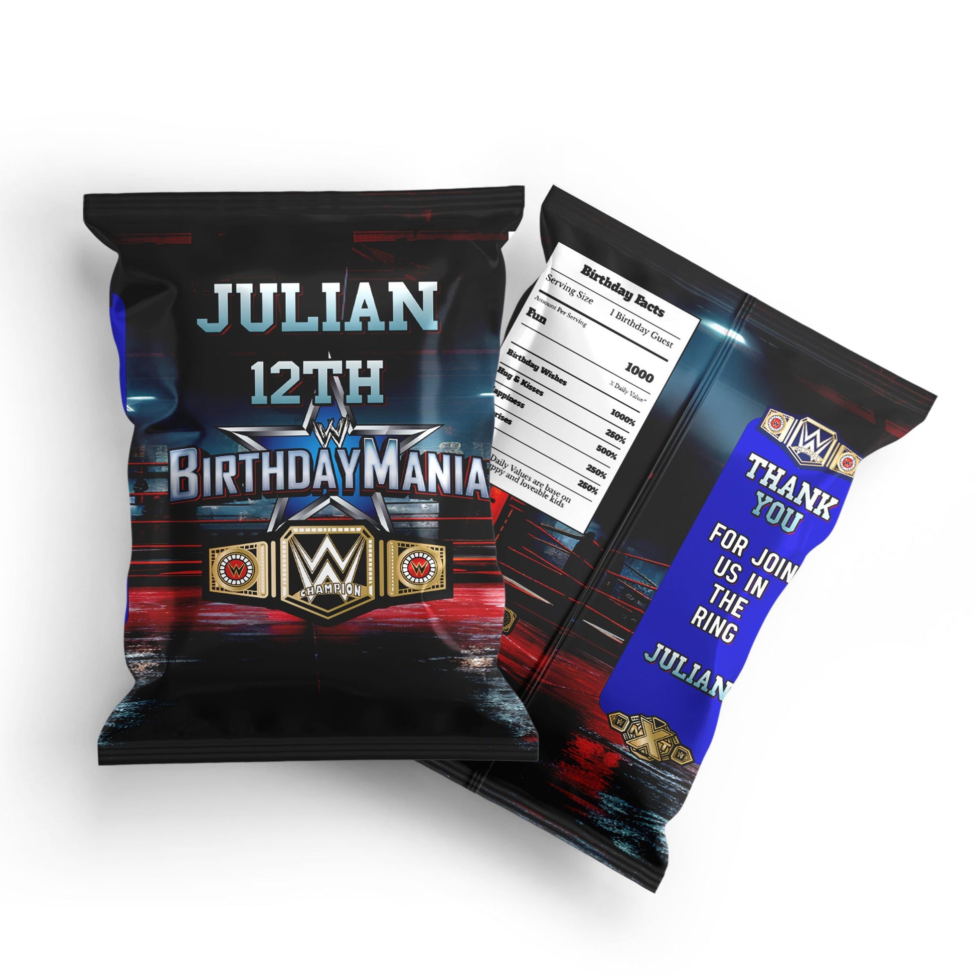 WWE Birthday Mania themed chips bag label