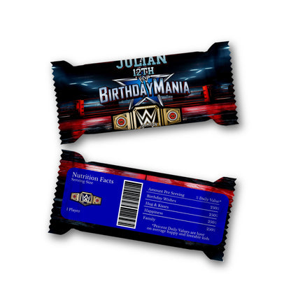 WWE Birthday Mania themed Rice Krispies treats and candy bar label