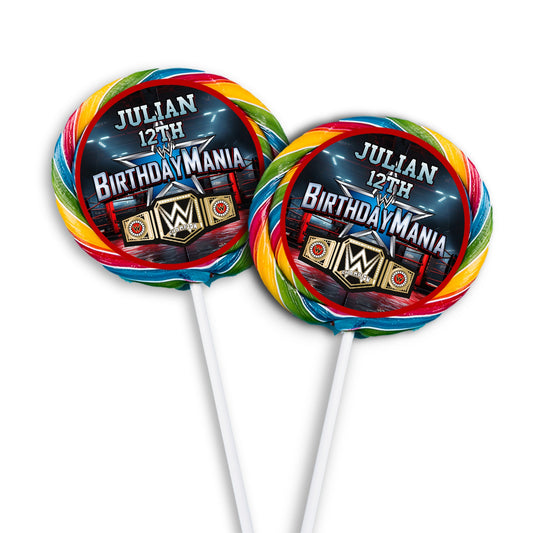 WWE Birthday Mania themed lollipop label